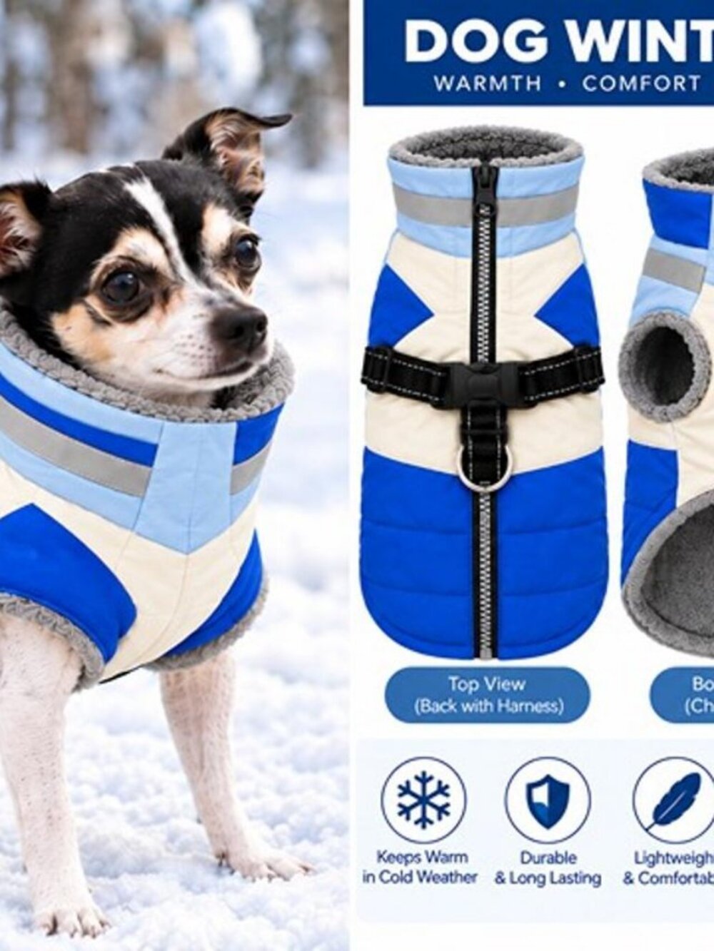 Dog Winter Coat Blue Fleece Lined Jacket Built-In Harness Reflective Size L